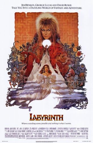 Labyrinth poster features Jareth above Sarah in a white gown, surrounded by fantasy creatures and an orange maze.