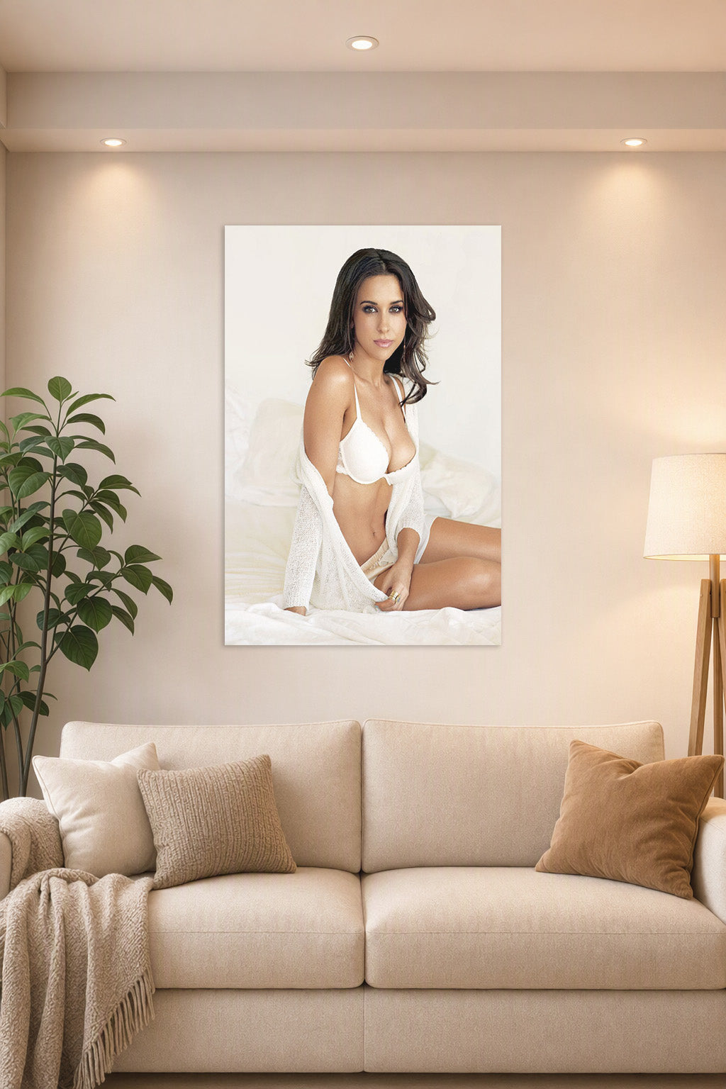 Lacey Chabert in a bright living room above a beige sofa.