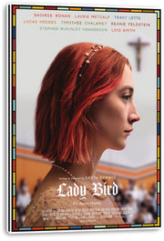 Lady Bird wall art print on a wrapped canvas features a red-haired woman in profile, a blurred cross, and colorful border.