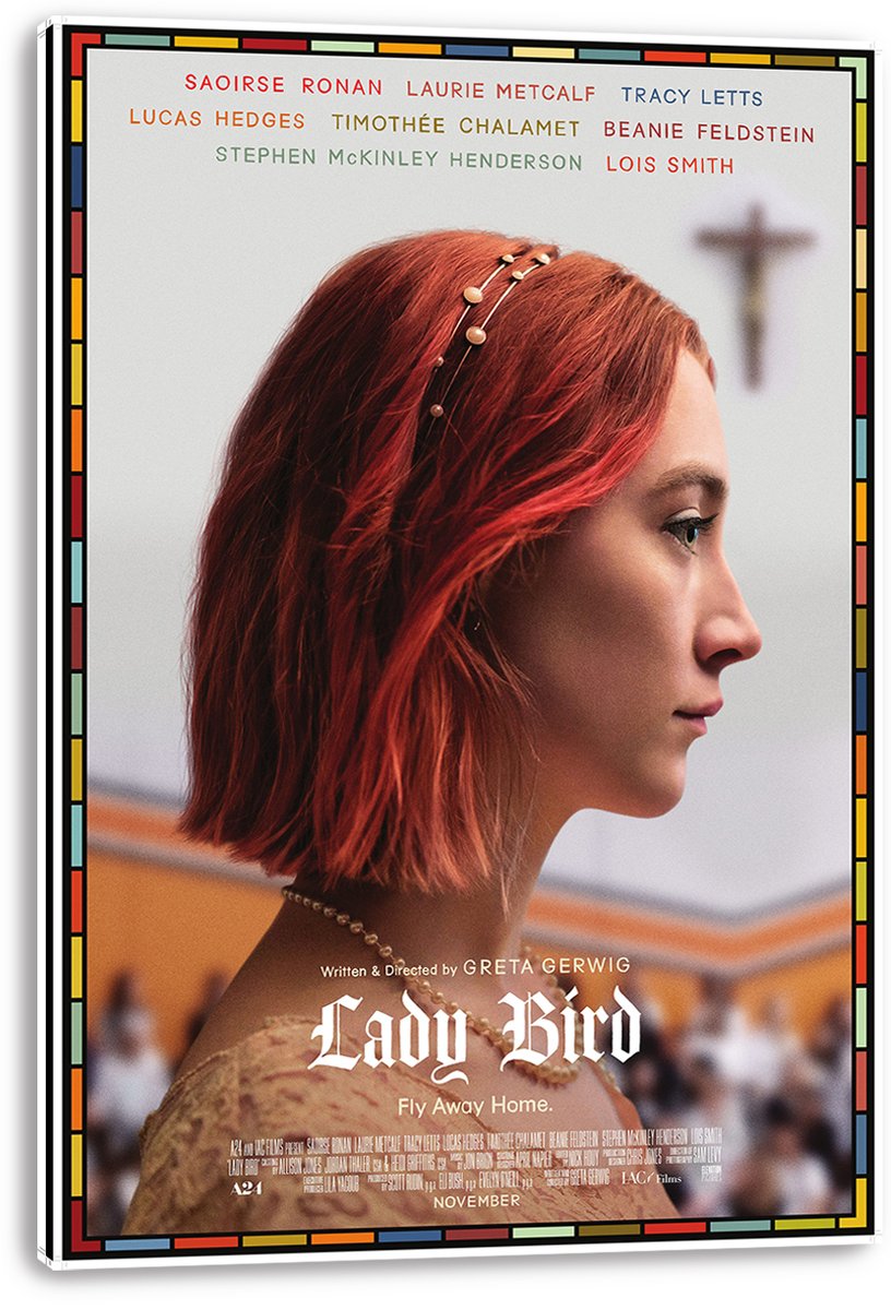 Lady Bird wall art print on a wrapped canvas features a red-haired woman in profile, a blurred cross, and colorful border.