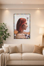 Lady Bird in a bright living room above a beige sofa.