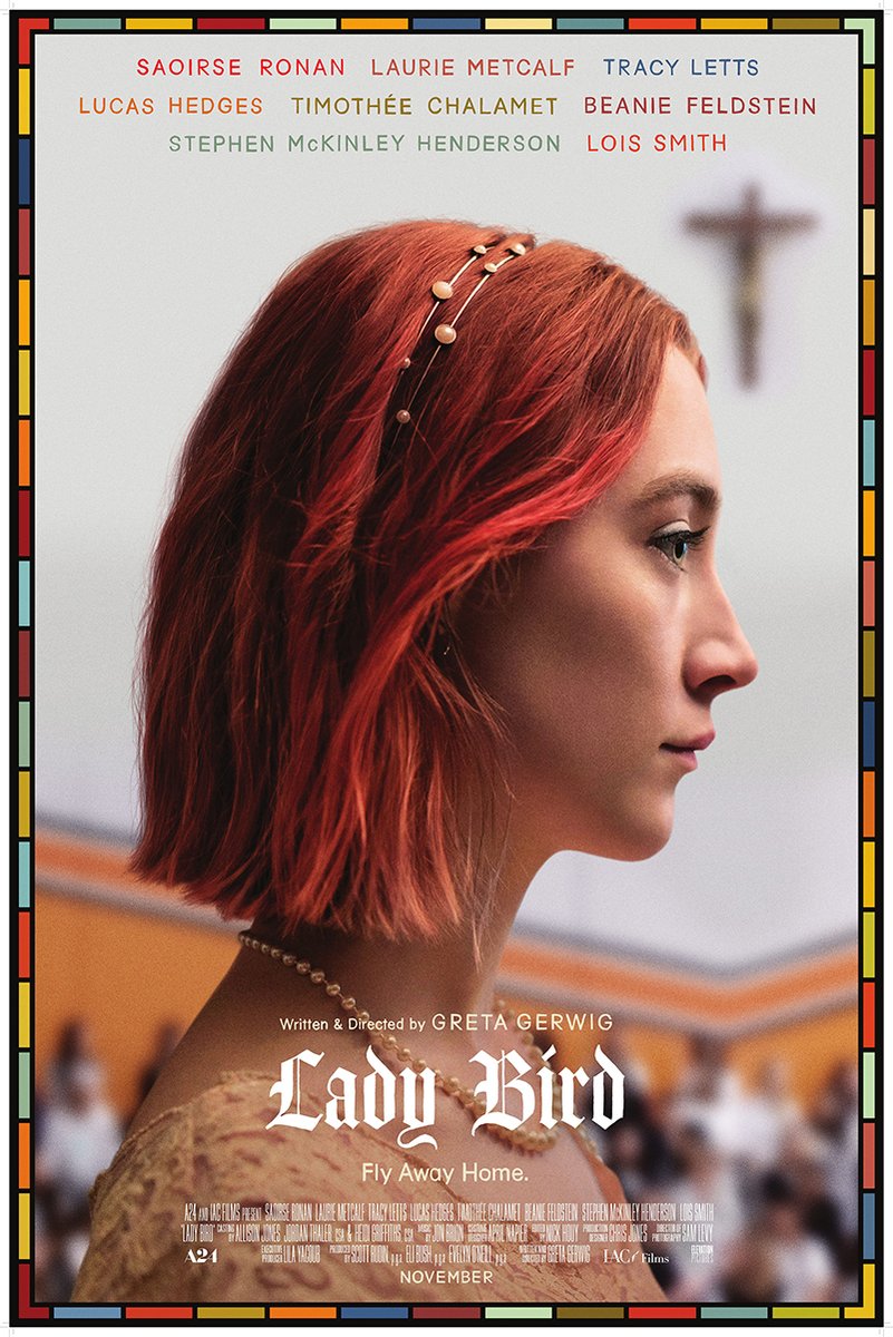 Lady Bird poster features a red-haired young woman in profile beneath a blurred cross, with a multicolor border.