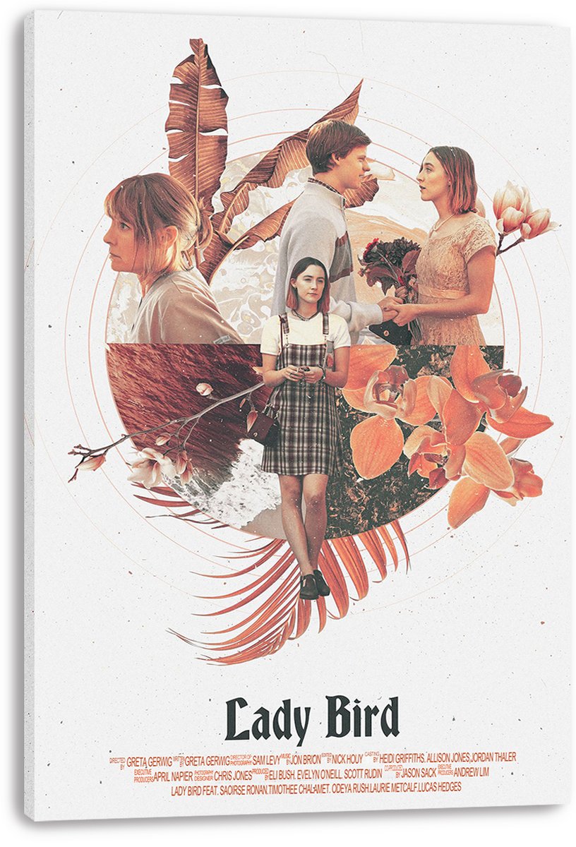Lady Bird canvas wall art print displays a muted floral collage with three women, a couple, palm leaves, waves, and title text.