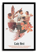 Lady Bird framed wall art print presents a soft coral collage of women, a flower-holding couple, leaves, orchids, and waves.