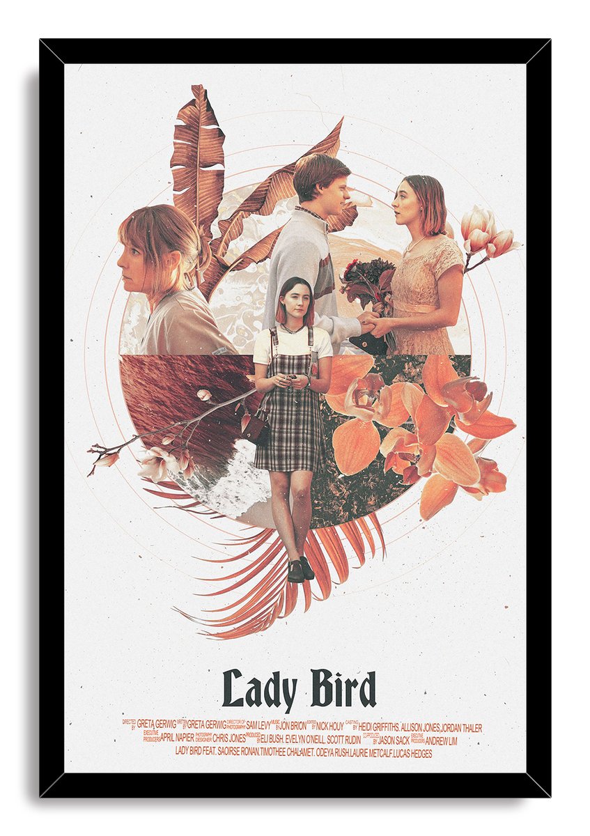 Lady Bird framed wall art print presents a soft coral collage of women, a flower-holding couple, leaves, orchids, and waves.