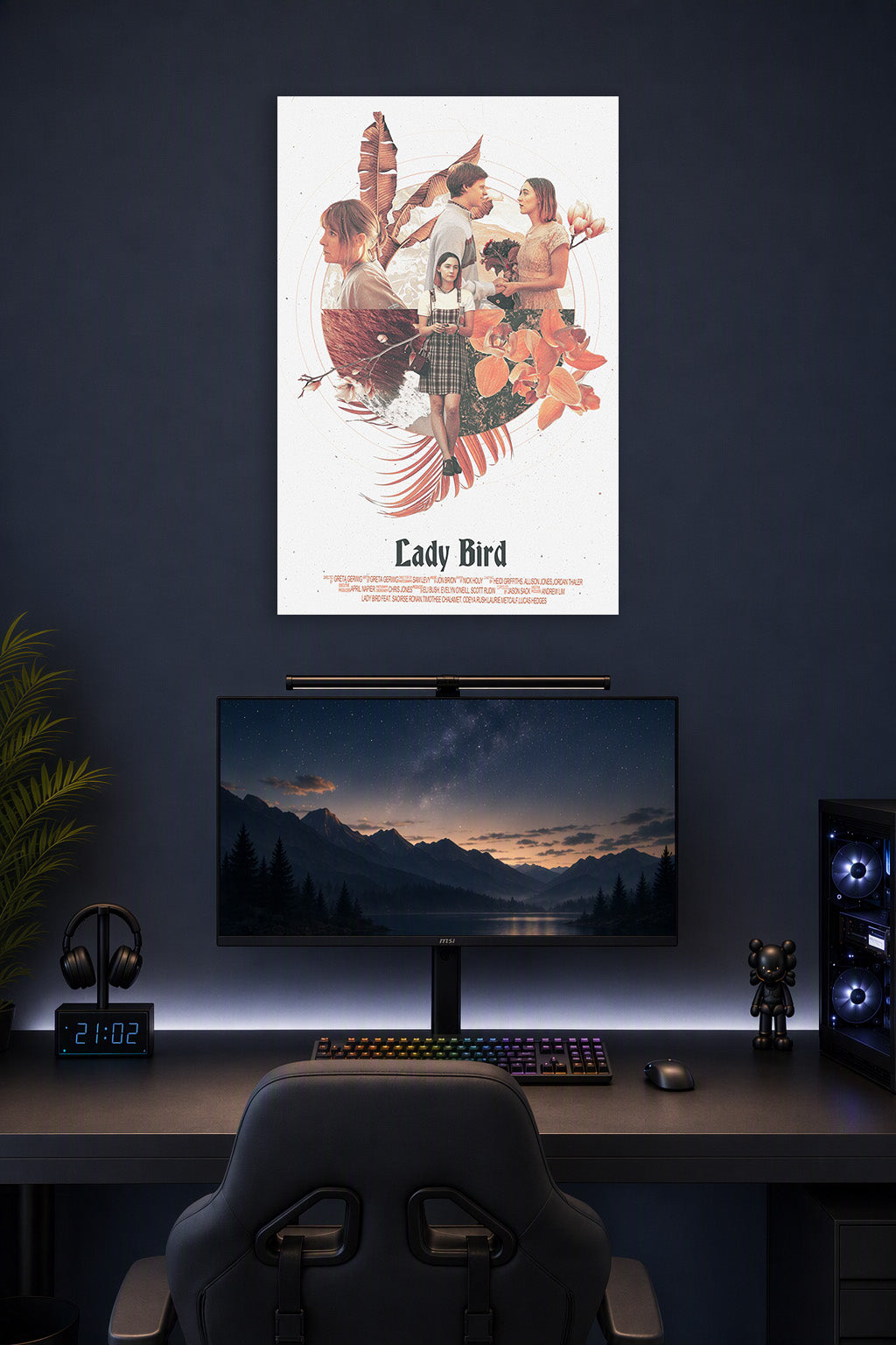 Lady Bird Movie in a gaming desk setup above a monitor.