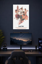 Lady Bird Movie in a gaming desk setup above a monitor.