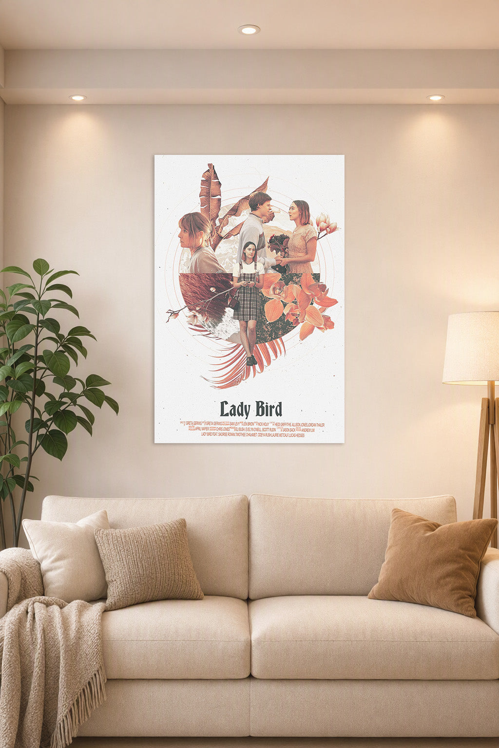 Lady Bird Movie in a bright living room above a beige sofa.