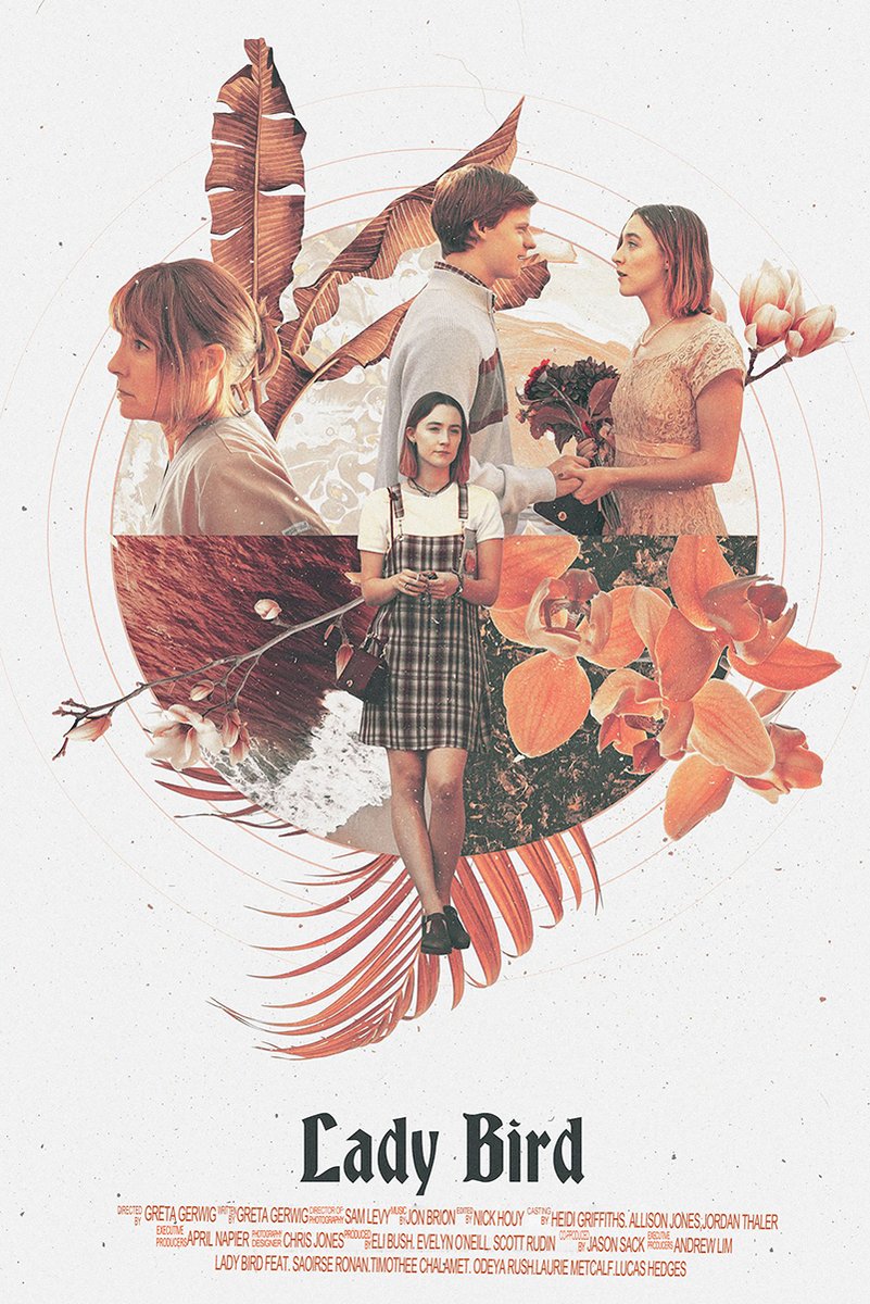 Lady Bird poster features a warm collage of three young women, a couple holding flowers, tropical leaves, orchids, and ocean waves.