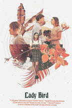 Lady Bird poster features a warm collage of three young women, a couple holding flowers, tropical leaves, orchids, and ocean waves.