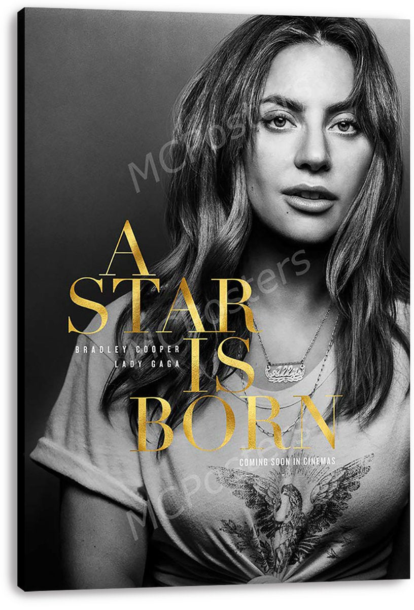 Lady Gaga A Star Is Born canvas wall art print featuring a grayscale portrait, gold film title typography, and visible wrapped canvas edges.