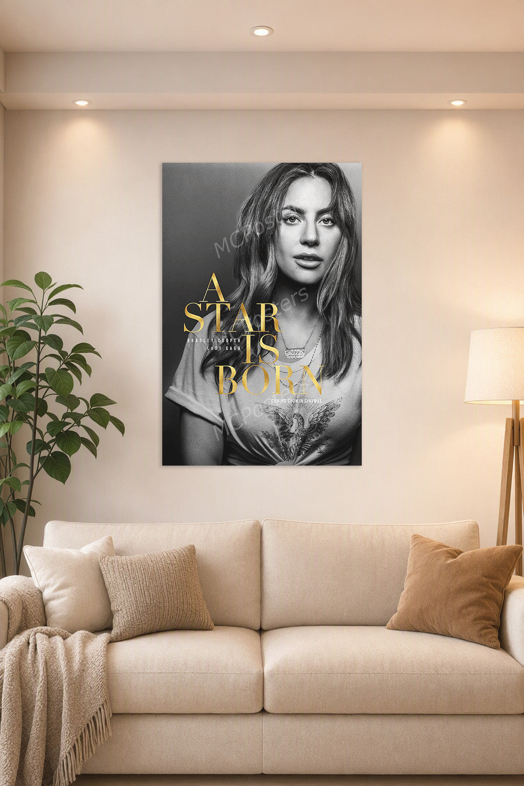 Lady Gaga A Star Is Born in a bright living room above a beige sofa.