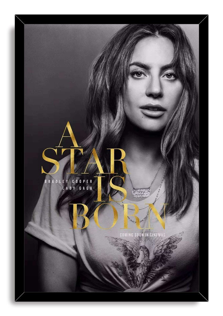 Lady Gaga A Star Is Born framed wall art print with a black-and-white portrait, gold film title, and glossy black mitered frame.