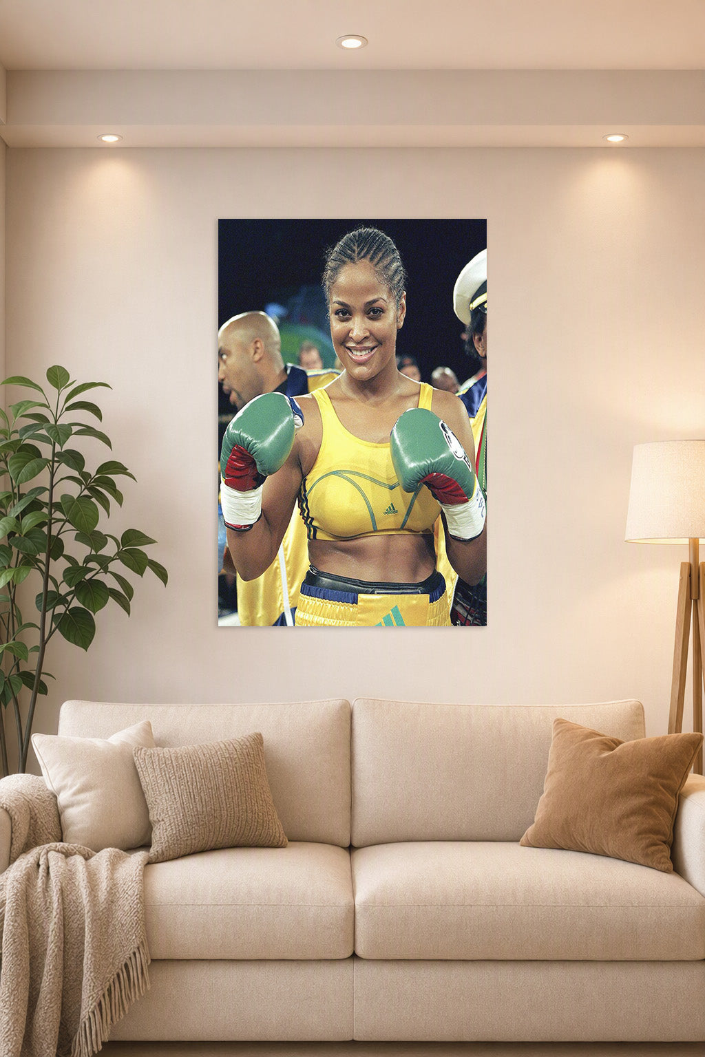 Laila Ali Boxer in a bright living room above a beige sofa.