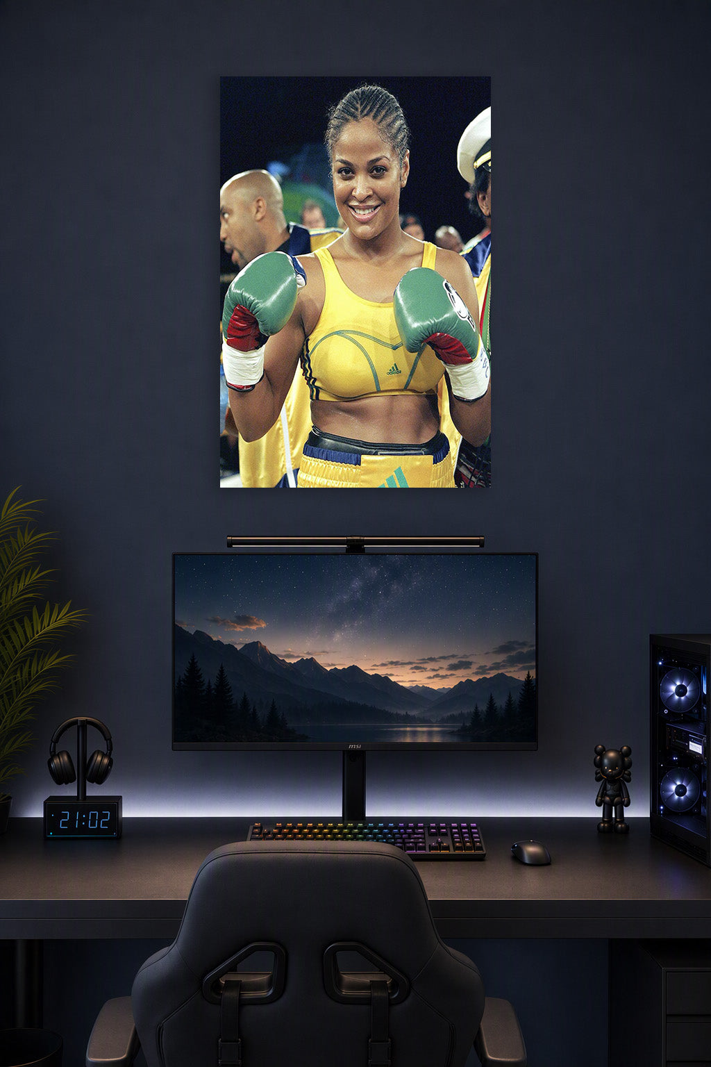 Laila Ali Boxer in a gaming desk setup above a monitor.
