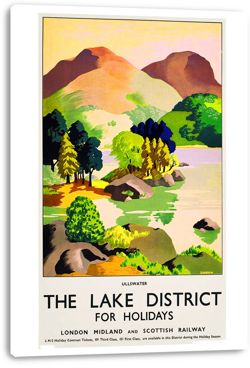 Ullswater Lake District wall art print on a white canvas, featuring vivid green hills, dark trees, rocky shore and pastel lake scenery.