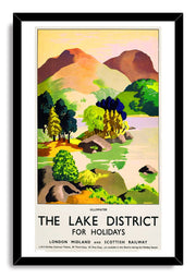 Ullswater Lake District framed wall art print with a black frame, depicting stylized mountains, woodland, boulders and a tranquil lake.