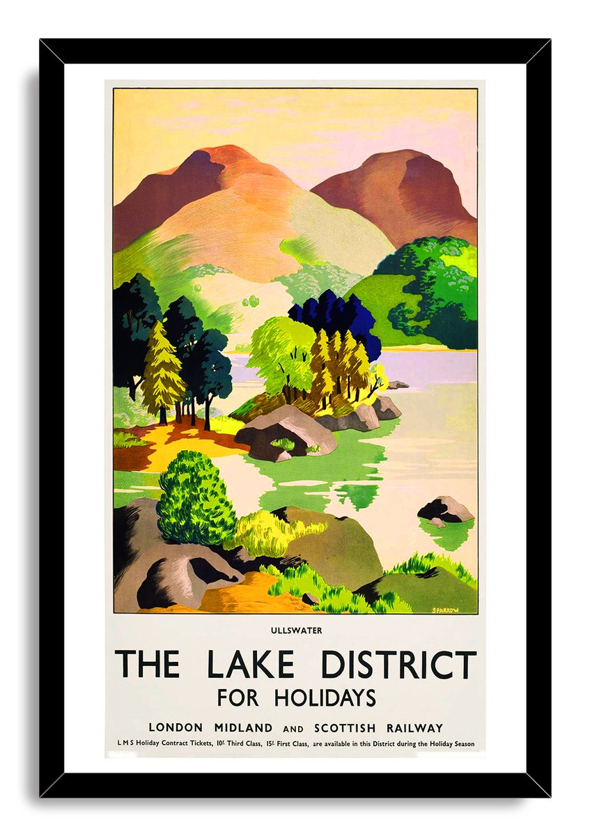 Ullswater Lake District framed wall art print with a black frame, depicting stylized mountains, woodland, boulders and a tranquil lake.
