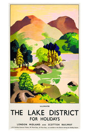 Ullswater Lake District travel poster print with colorful mountains, trees, rocks and a calm reflective lake, with holiday railway text.
