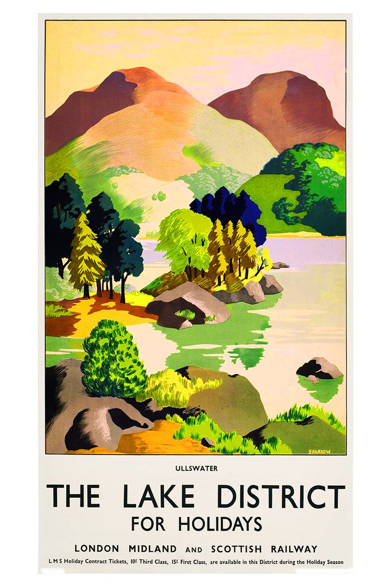Ullswater Lake District travel poster print with colorful mountains, trees, rocks and a calm reflective lake, with holiday railway text.