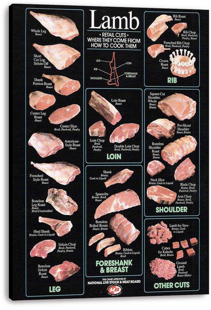 Lamb retail cuts canvas wall art print displays labeled raw meat cuts and cooking methods in organized teal-outlined panels.