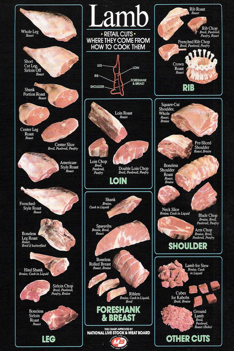 Lamb retail cuts poster charts raw leg, loin, rib, shoulder and breast cuts on a black background with teal borders.