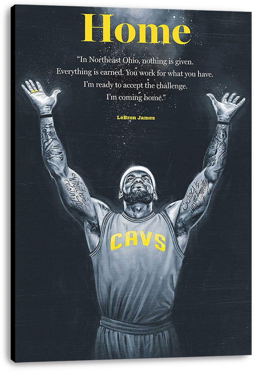 LeBron James canvas wall art print, displayed with wrapped edges, featuring raised arms, a CAVS jersey, and Home quote text.