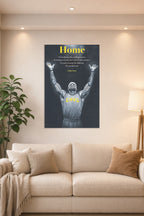 LeBron James in a bright living room above a beige sofa.