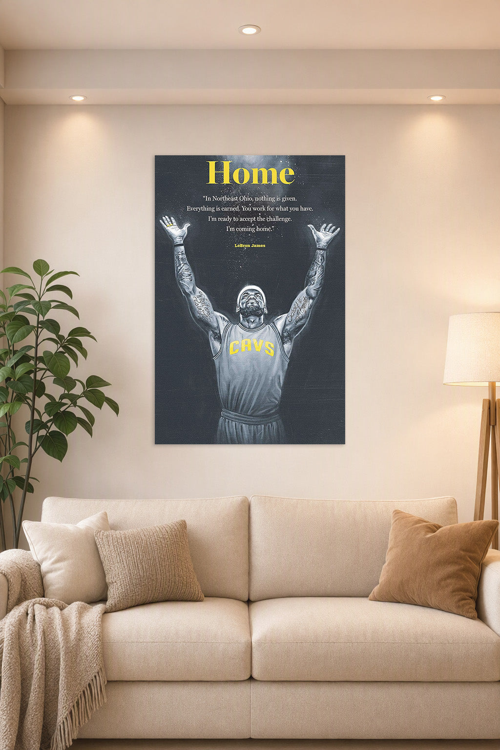 LeBron James in a bright living room above a beige sofa.