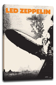 Led Zeppelin canvas wall art print with orange title text, a black zeppelin, smoky clouds, and a dark tower silhouette.