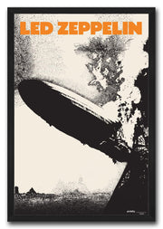 Led Zeppelin framed wall art print in a black frame, featuring an orange title, black zeppelin, smoke, and tower scene.