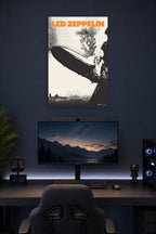 Led Zeppelin Music in a gaming desk setup above a monitor.