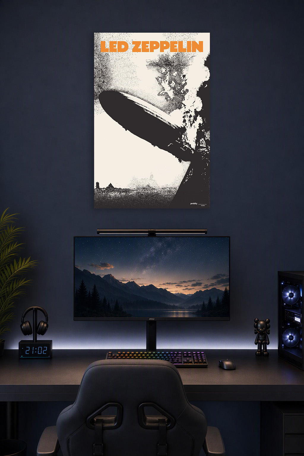 Led Zeppelin Music in a gaming desk setup above a monitor.