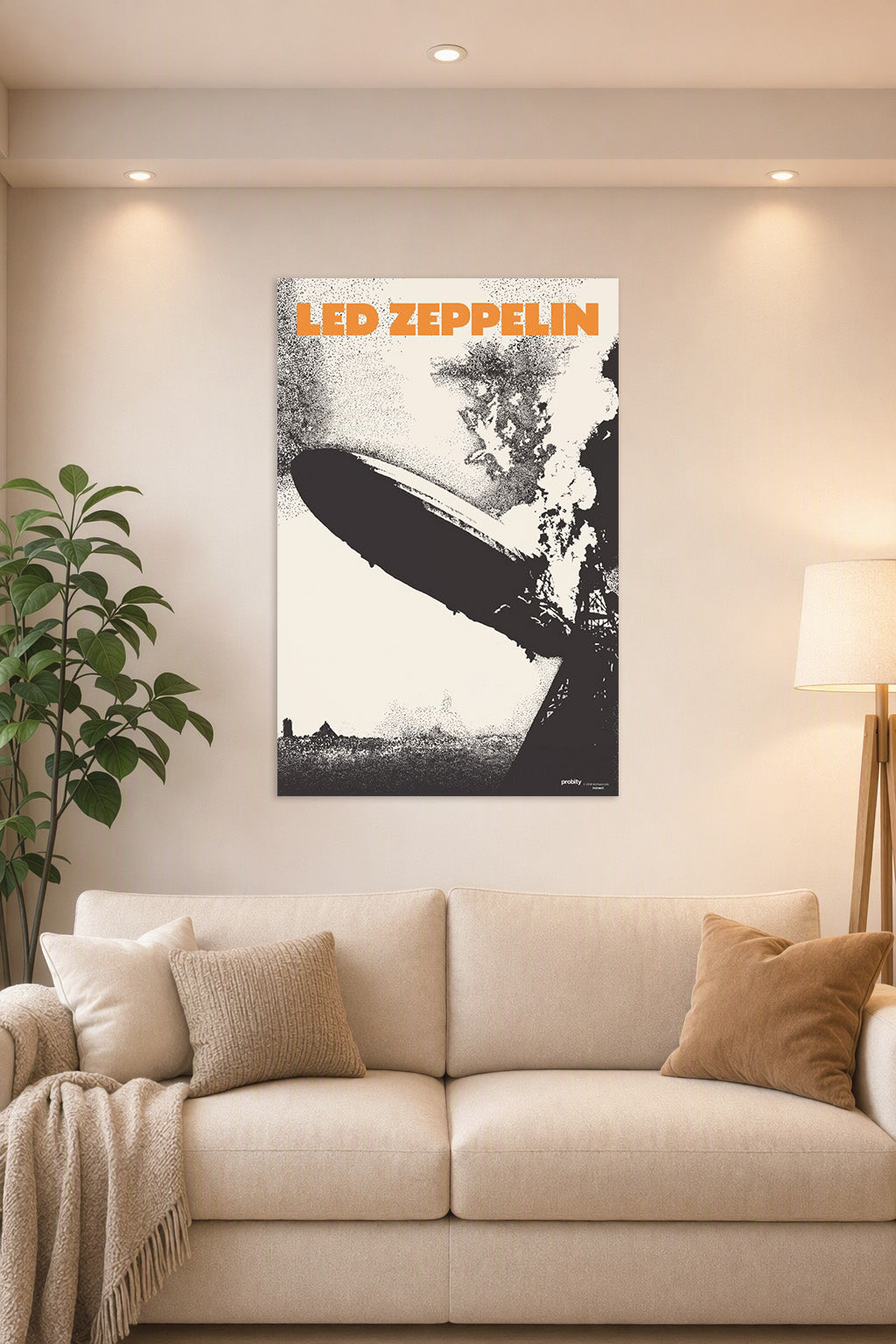 Led Zeppelin Music in a bright living room above a beige sofa.