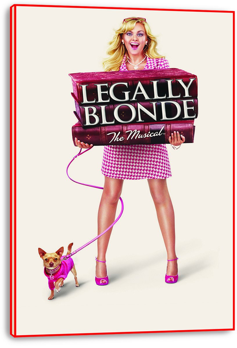 Legally Blonde The Musical canvas wall art shows a blonde woman in pink with law books and a leashed chihuahua.