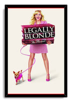 Legally Blonde The Musical framed wall art print depicts a smiling blonde woman, pink law books, and a small chihuahua.