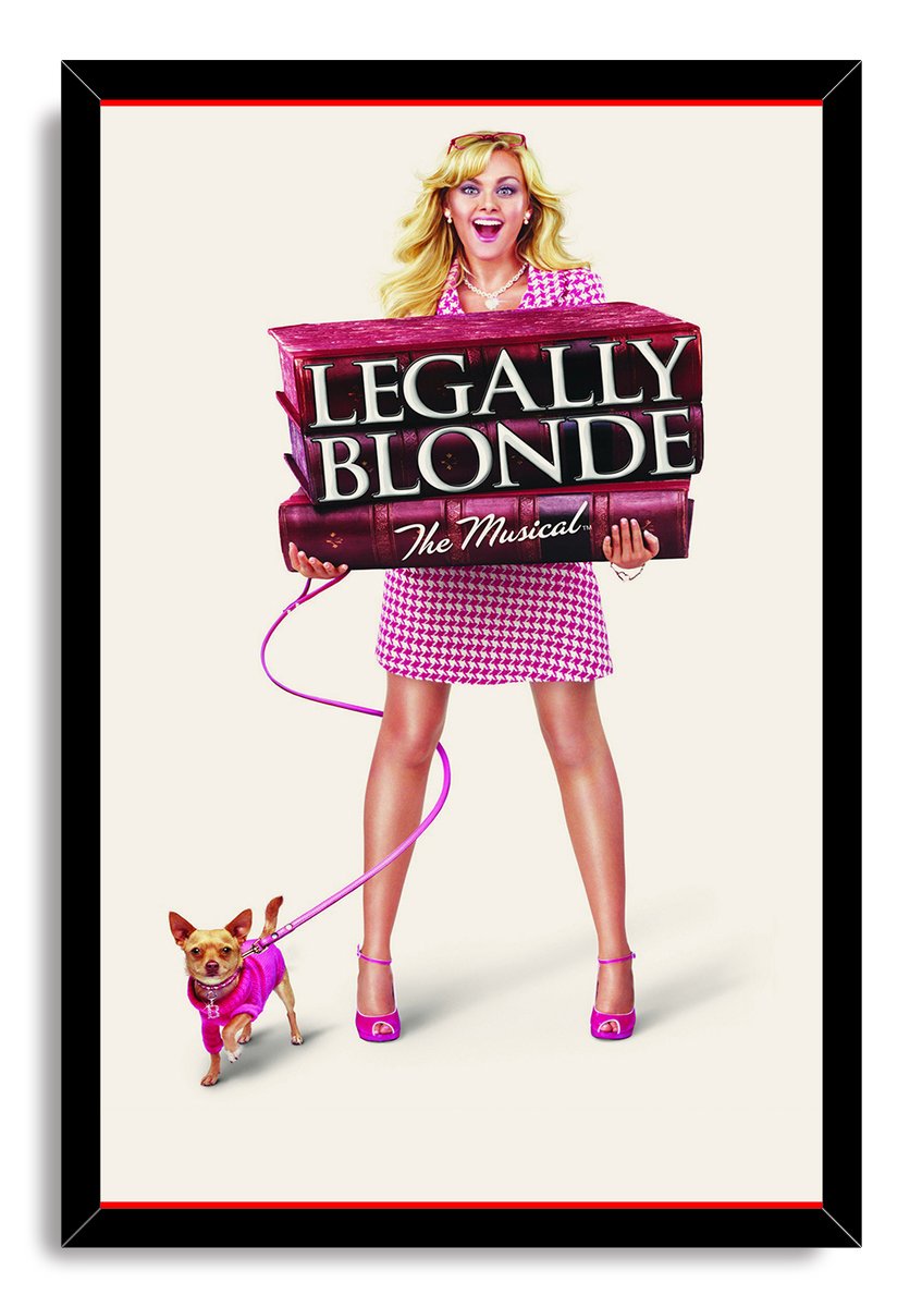 Legally Blonde The Musical framed wall art print depicts a smiling blonde woman, pink law books, and a small chihuahua.