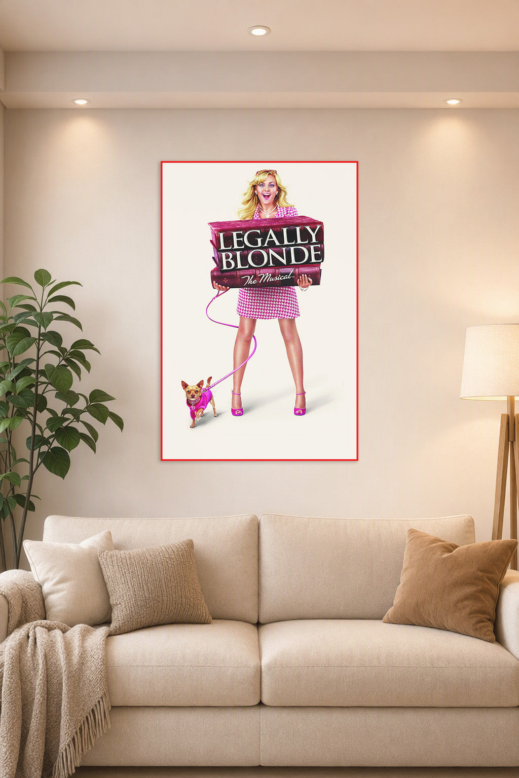 Legally Blonde The Musical in a bright living room above a beige sofa.