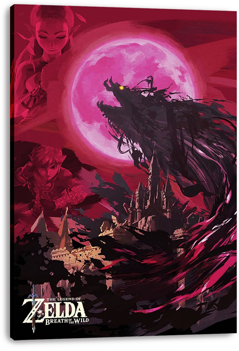 The Legend of Zelda Breath of the Wild canvas wall art features Link and Zelda beside Hyrule Castle under a glowing pink moon.
