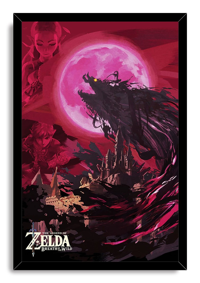 The Legend of Zelda Breath of the Wild framed wall art print portrays Link, Zelda, Hyrule Castle, and a shadowy monster in red and black.