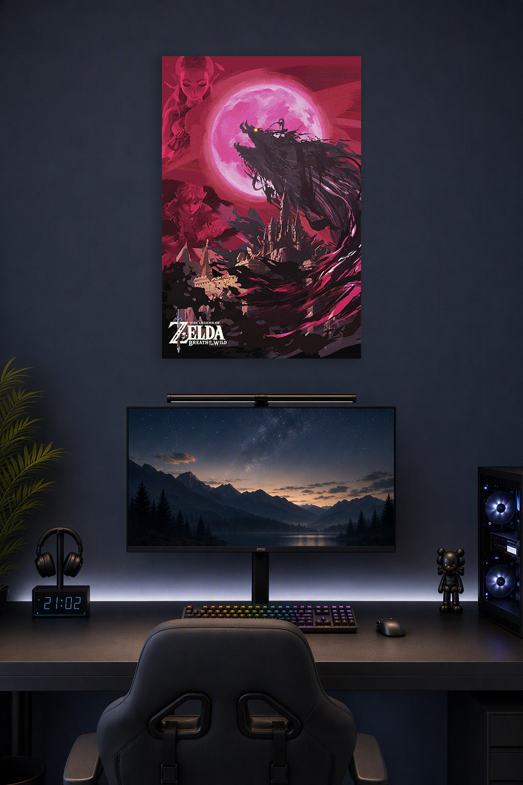 Legend of Zelda Breath of the Wild in a gaming desk setup above a monitor.