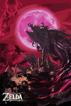 The Legend of Zelda Breath of the Wild poster depicts Link, Zelda, Hyrule Castle, and a dark creature beneath a pink moon.
