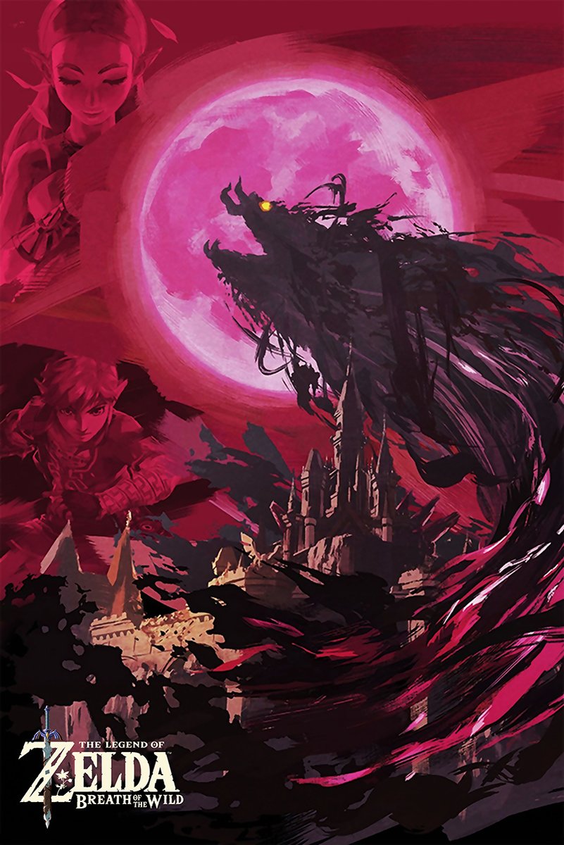 The Legend of Zelda Breath of the Wild poster depicts Link, Zelda, Hyrule Castle, and a dark creature beneath a pink moon.