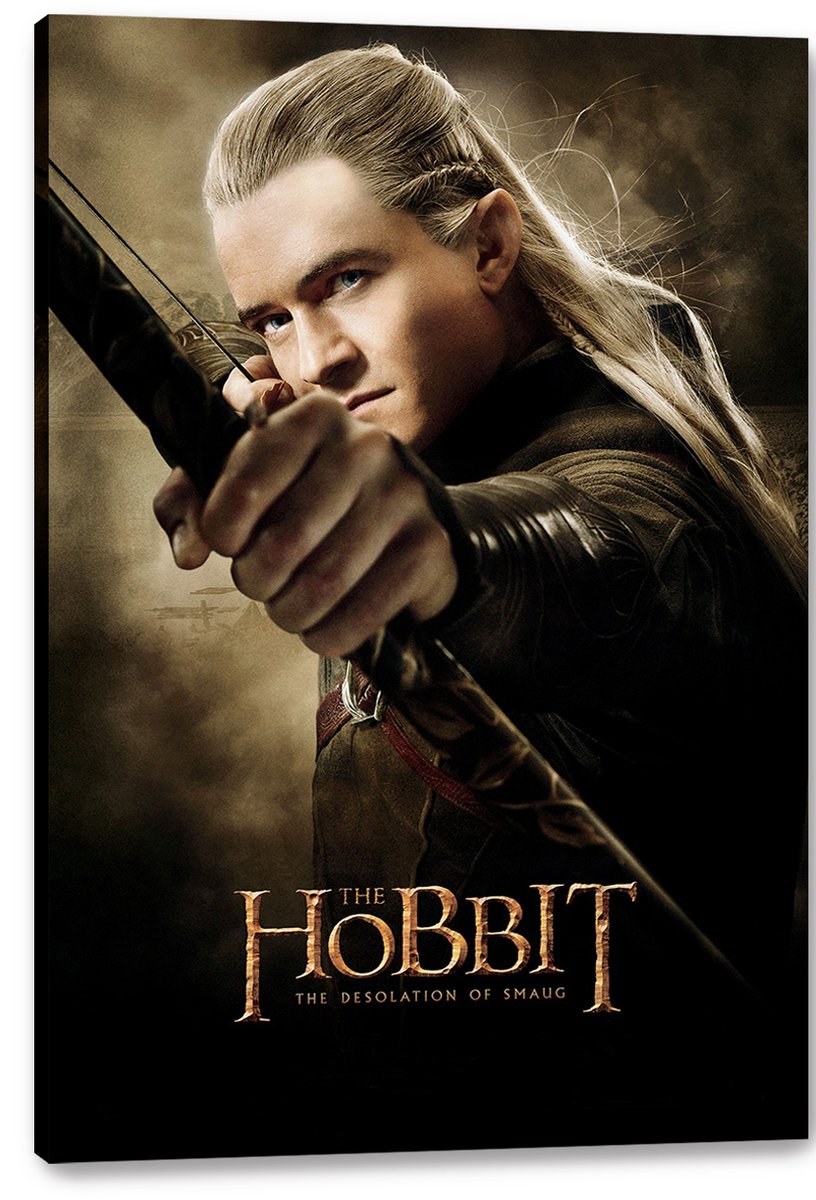 Legolas canvas wall art print depicts the blond elf drawing his bow against a smoky sepia backdrop, with The Hobbit text.