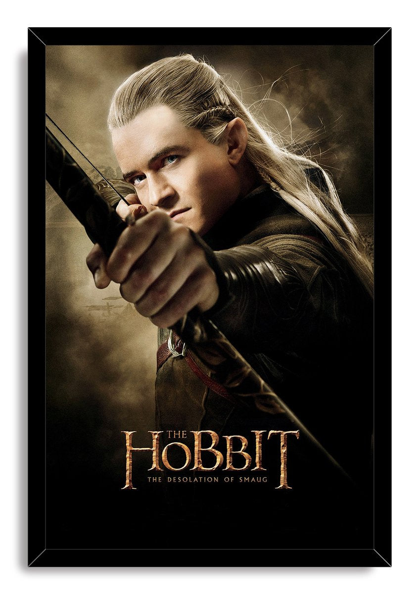 Legolas framed wall art print portrays the focused elf archer aiming his bow, bordered by a black frame and Hobbit title.
