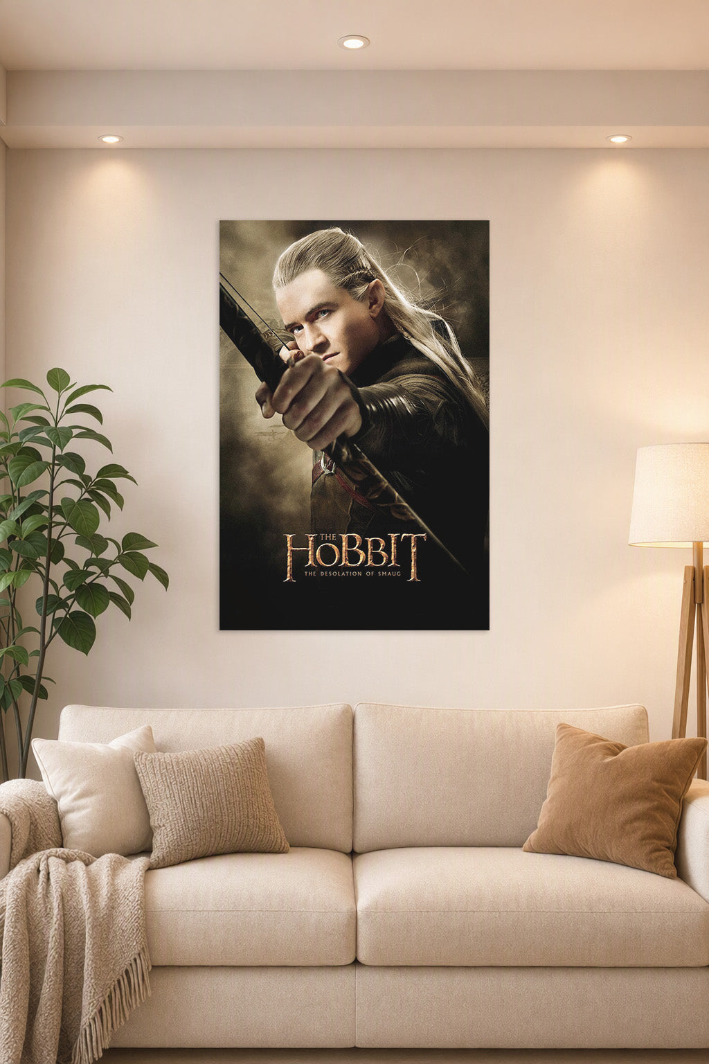 Legolas in a bright living room above a beige sofa.