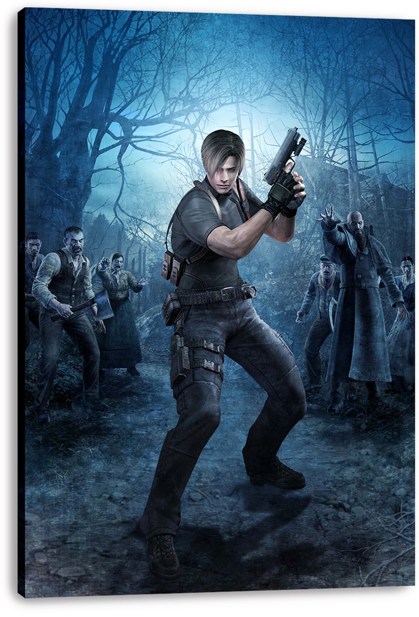 Leon S. Kennedy canvas wall art print features the pistol-wielding hero surrounded by villagers in a dark blue forest.