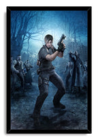 Leon S. Kennedy framed wall art print portrays the armed character confronting looming villagers beneath bare forest trees.