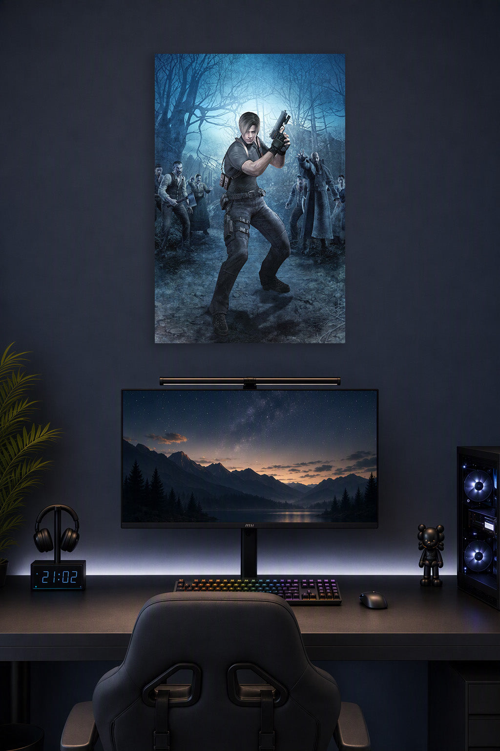 Leon S. Kennedy Resident Evil 4 in a gaming desk setup above a monitor.