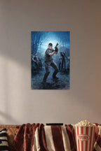 Leon S. Kennedy Resident Evil 4 in a cozy movie room above a brown sofa with popcorn.